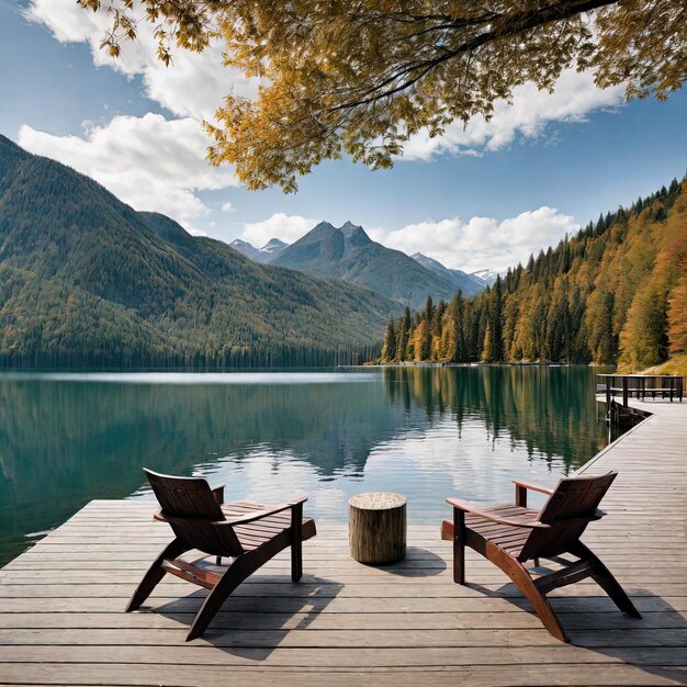 湖と山の背景にある木製のベンチと湖の美しい風景