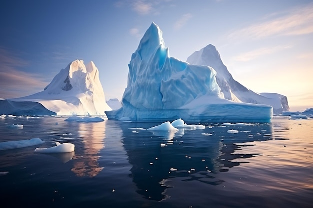 Beautiful landscape with large icebergs in the middle of the sea