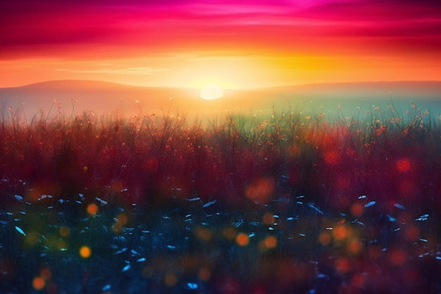 Beautiful landscape with meadow and sunset Colorful summer background