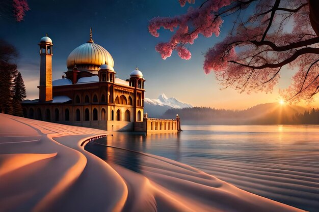 A beautiful landscape with a mosque on the water