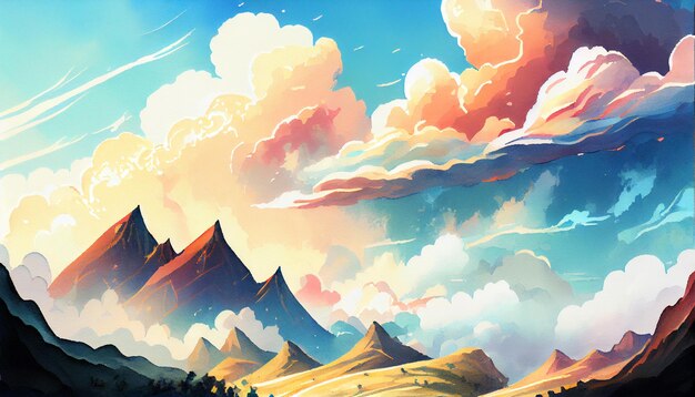 Beautiful landscape with mountain and clouds in watercolor cartoon style