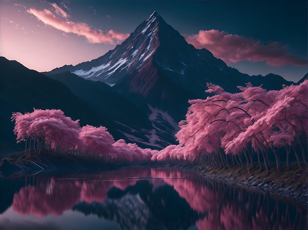 Прекрасный пейзаж с горными вершинами и вишневыми цветами в розовых цветах Ai Generated