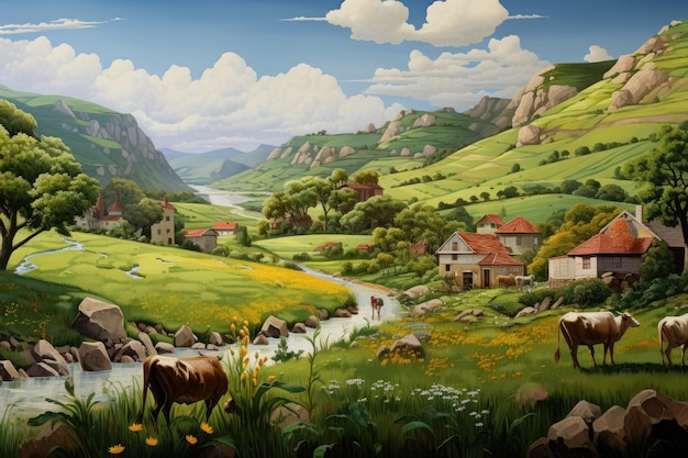 beautiful landscape with a mountain river and a small village on the background high quality illustration Amidst the beauty of the countryside AI Generated