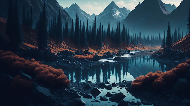 Bellissimo paesaggio con montagne e lago 3d render illustration