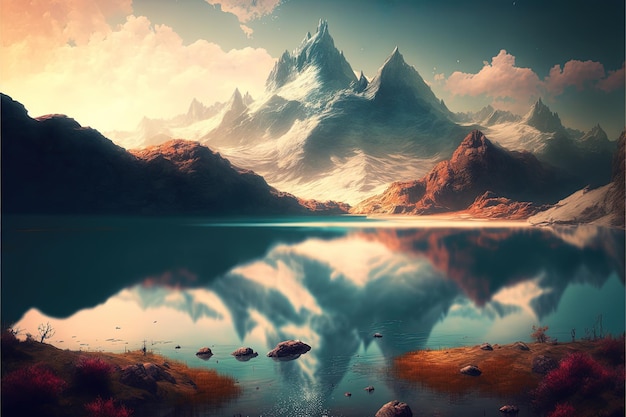 Beautiful landscape with mountains and lake Generative Ai