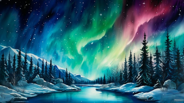 beautiful landscape with mountains and northern lights