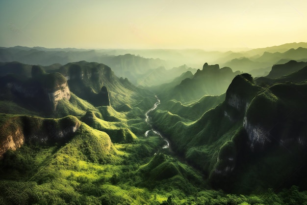 Beautiful landscape with mountains and river in the morning