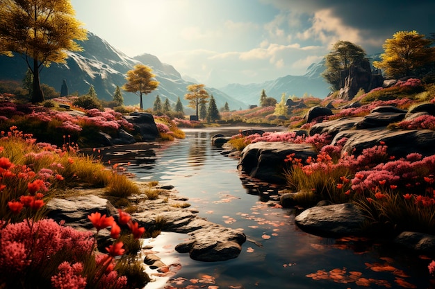 Beautiful landscape with mountains and rivergenerative ai