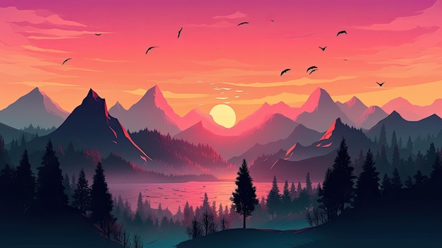 Beautiful landscape with mountains sunset birds Illustration with warm colors