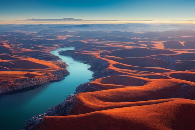 Прекрасный пейзаж с горами, водой, небом.