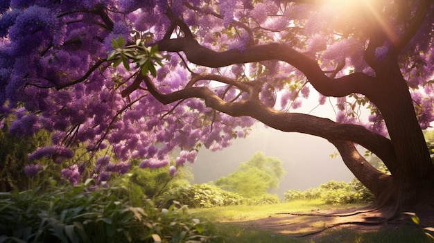 Beautiful landscape with old lilac tree blossoming in the garden Lilac trees generative ai