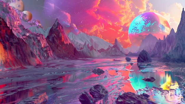 a beautiful landscape with a pink sky there are mountains in the background and a lake in the foreground