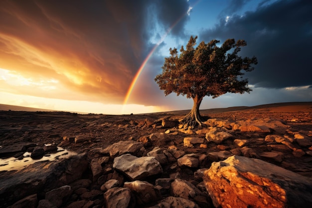 beautiful landscape with rainbow tree and sky ai generated