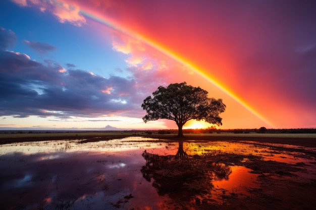 beautiful landscape with rainbow tree and sky ai generated