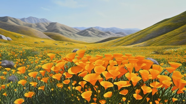 Beautiful landscape with red poppies Generative ai