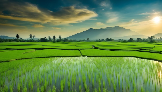 Photo a beautiful landscape with rice fields and mountains in the background