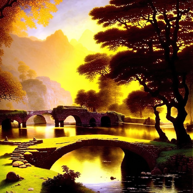 beautiful landscape with river and bridge