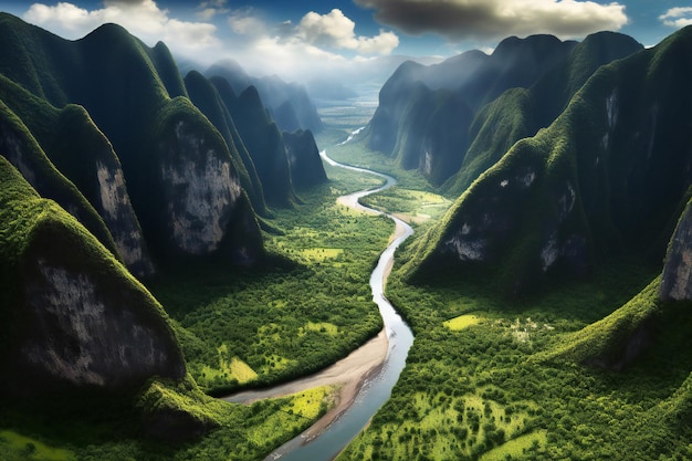 Beautiful landscape with river and green hills
