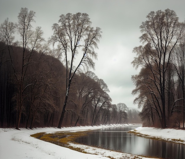 Beautiful landscape with river and snow