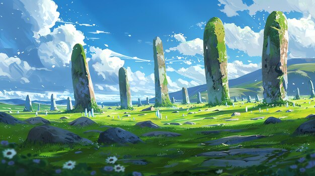 Photo a beautiful landscape with rolling green hills and a stone circle in the foreground the sky is blue and cloudy and the sun is shining brightly