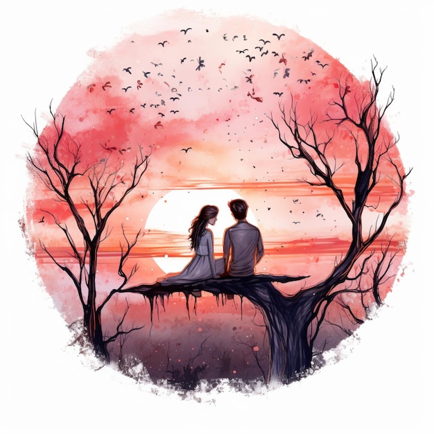 Прекрасный пейзаж с тарелками любимая пара сидит на ветке милая история любви Ная