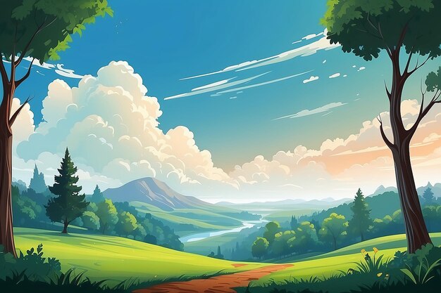 Beautiful Landscape With Trees And Clouds Vector Illustration