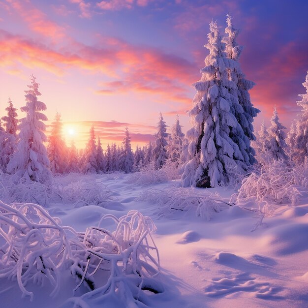 Beautiful landscape with trees covered with snow