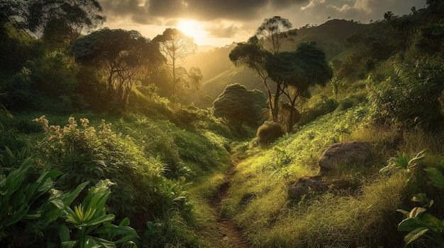 A beautiful landscape with trees and sky in the background