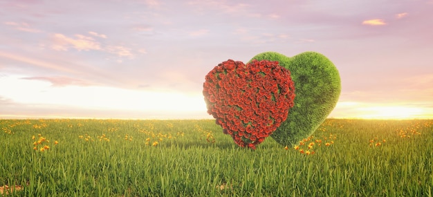 Photo beautiful landscape with two hearts in the field, love cooncept. 3d rendering