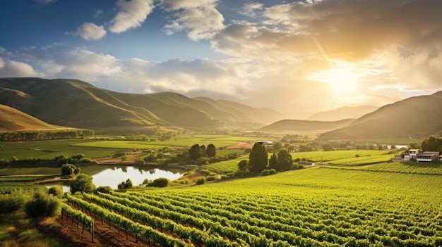 A beautiful landscape with a vineyard and a river ai