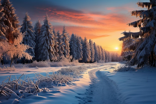 Beautiful landscape with winter forest at sunset