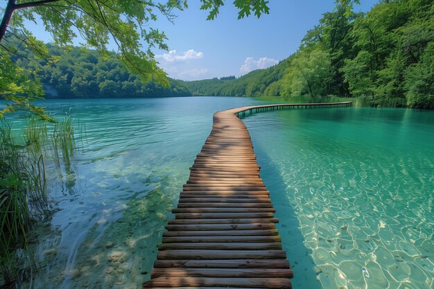 Foto bellissimo paesaggio con un ponte di legno attraverso un lago su un percorso turistico nel parco naturale