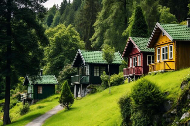 Beautiful landscape with wooden cabins and green trees ar c