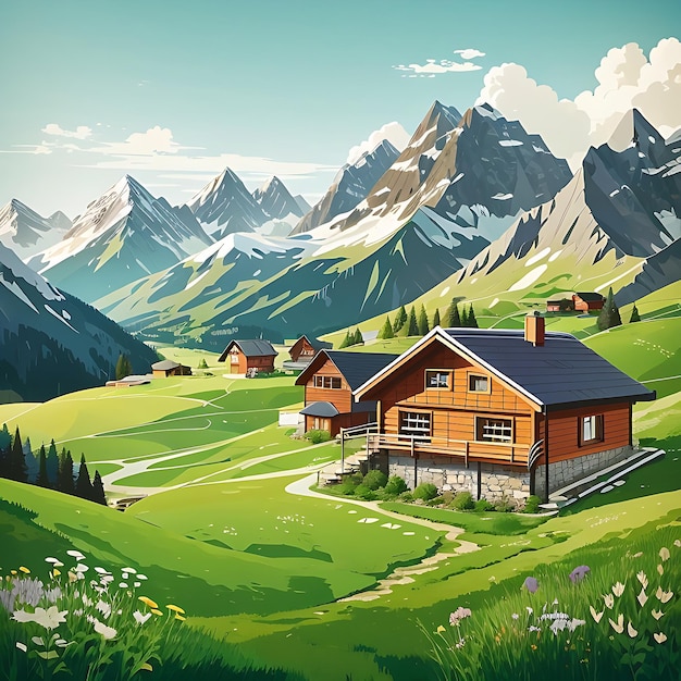 a beautiful landscape with wooden house and mountain