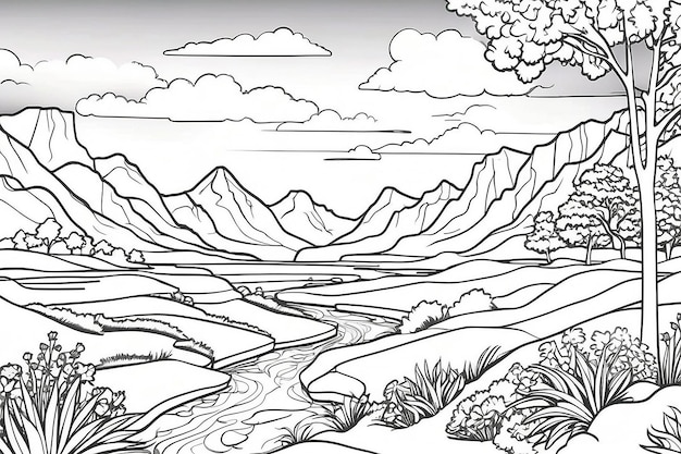 Photo beautiful landscapes line art bold lines no grayscale