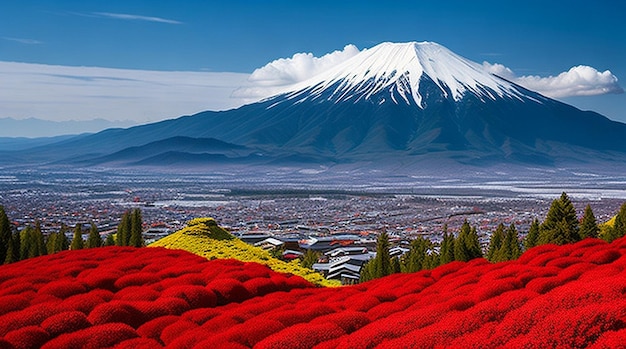 Beautiful landscapes view mtfuji with red flowers and village at view pointtop view