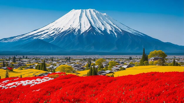 Beautiful landscapes view mtfuji with red flowers and village at view pointtop view