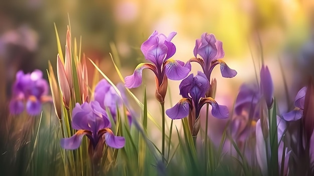 Beautiful landscaping with beautiful plants Iris fond violet et bokeh Generative Ai