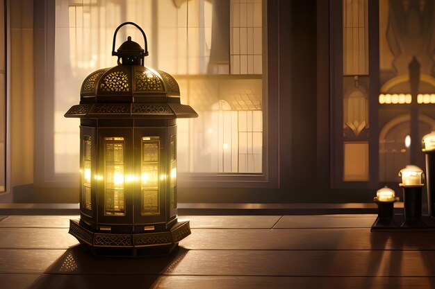 Beautiful Lantern Background for Ramadan Kareem Eid Mubarak with copy space banner Generative AI