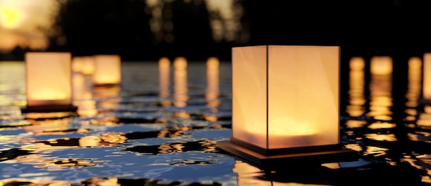 A beautiful lantern floating on the river at night chinese\
paper lanterns