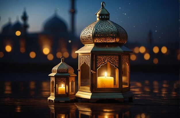 Beautiful Lantern that have moon symbol on top with city bokeh light month of Ramadan Kareem