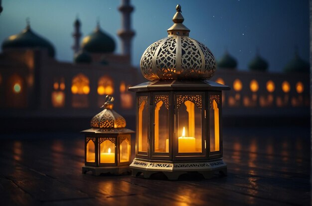 Beautiful Lantern that have moon symbol on top with city bokeh light month of Ramadan Kareem