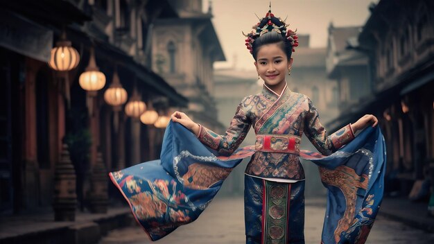 Photo beautiful laos girl in laos traditional costume vintage style at vientiane laos