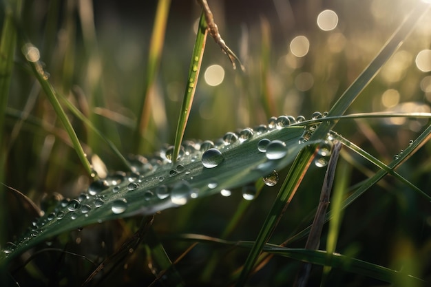 Красивая большая капля утренней росы на траве сверкает в лучах солнечного света, сгенерированного искусственным интеллектом