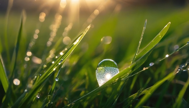 A beautiful large drop of morning dew in the grass sparkles in the rays of sunlight outdoors in natu