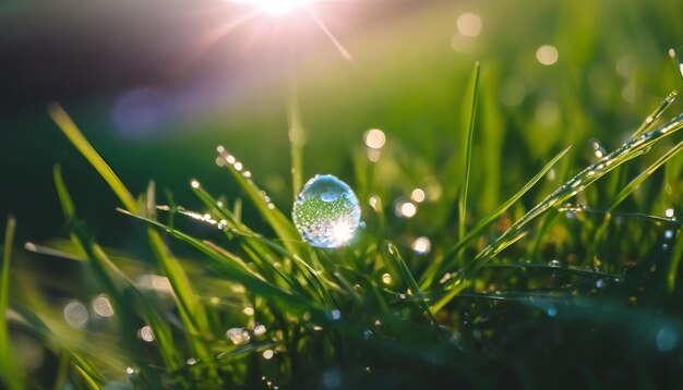 A beautiful large drop of morning dew in the grass sparkles in the rays of sunlight outdoors in natu