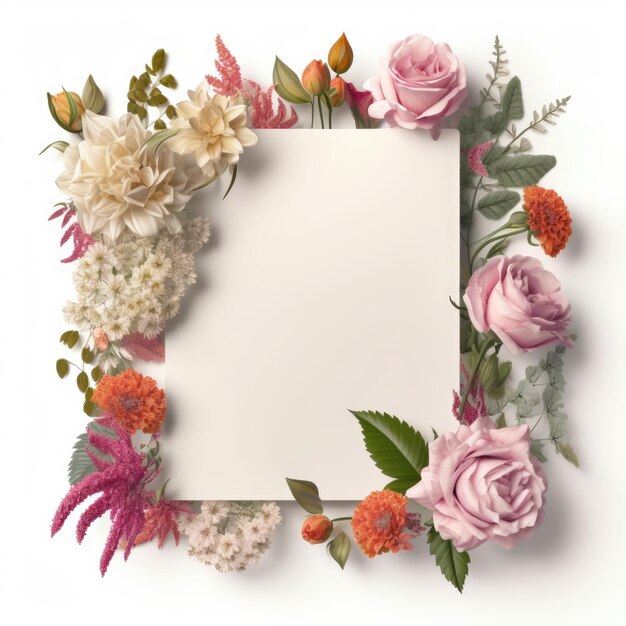 Beautiful large flat rectangle paper surrounded by flowerswhite background Generative AI image weber
