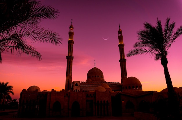 Beautiful large Islamic mosque at sunset