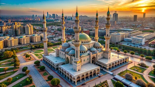 Beautiful large mosque front view at sunset