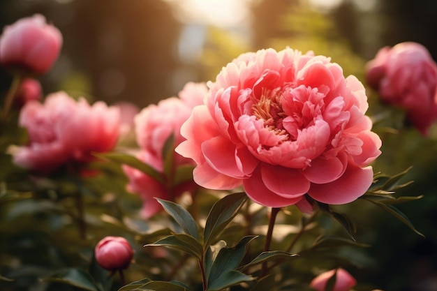 Красивые большие розовые цветы пиона на кусте в саду Generative AI